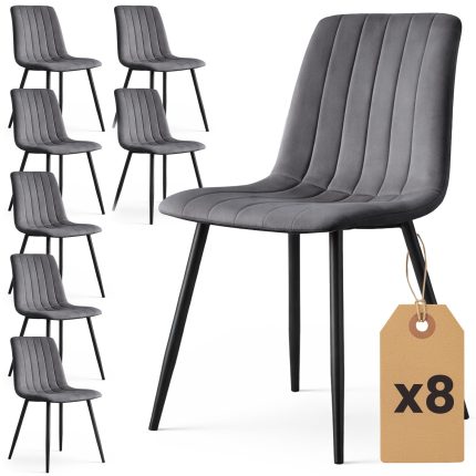 8x Welurowe krzesło tapicerowane pikowane Ciemny Grafit LIVO Czarne nogi