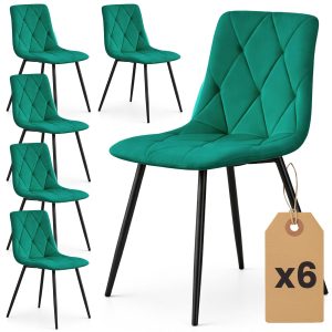 6x Welurowe krzesło tapicerowane pikowane Butelkowa Zieleń MILO Czarne nogi