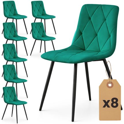 8x Welurowe krzesło tapicerowane pikowane Butelkowa Zieleń MILO Czarne nogi