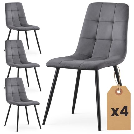 4x Welurowe krzesło tapicerowane pikowane Ciemny Grafit NERO Czarne nogi
